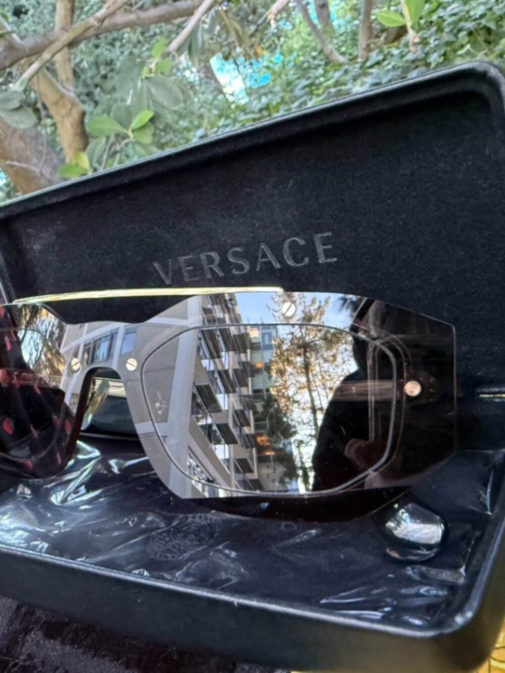 Versace Medusa Baroque Sunglasses Black Gold Oversized Square Shield w/ Case
